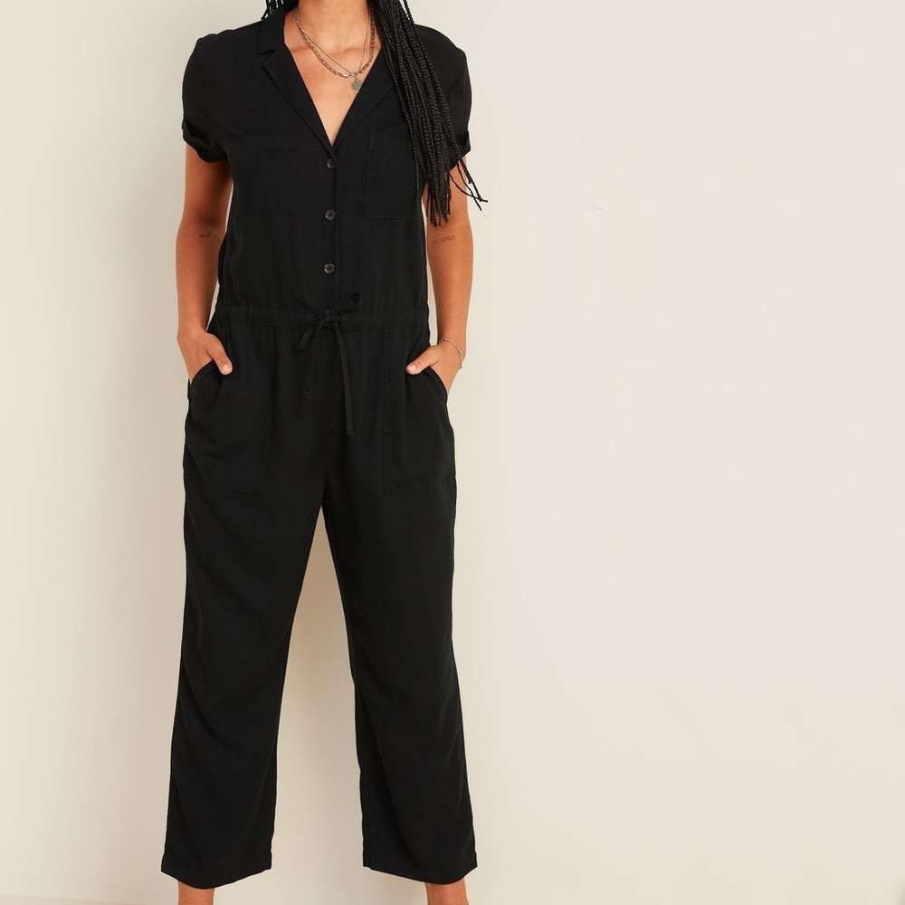 Waist-Defined Button-Front Utility Jumpsuit M Tall